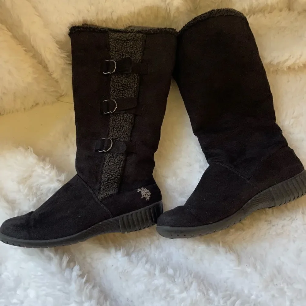 US Polo Assn black faux suede mid  calf pull on boots rubber soles size 11